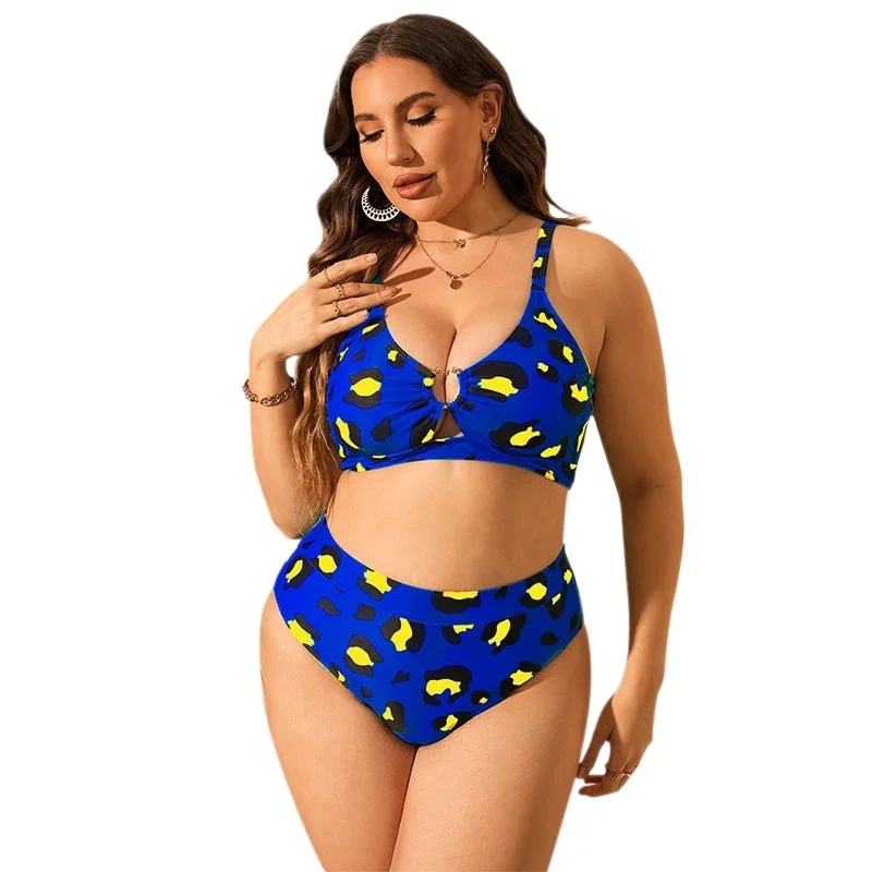 Two-piece Large Size Printed Swimsuit for Women with High Waist Triangle Buckle Quick-drying Beach Swimsuit with Chest Pad