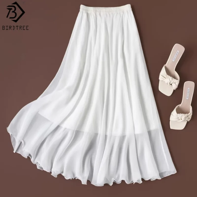 Birdtree, 100% Silk Solid Skirt, Bias-cut Women Chiffon Double Layer Elegant Skirts, Elastic Waist, 2026 Spring New D63413JF