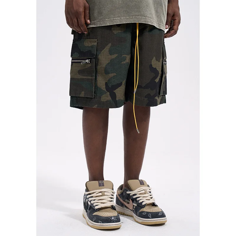 High Street Washing Trend Camouflage Tooling Shorts Men's Retro Casual Loose Summer Drawstring Versatile Trend Five-Point Pants