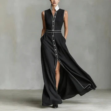 

Woman Elegant Chic Sleeveless Single Breasted Maxi Dress 2026 Summer Women Contrasting Color Shirt Style Slit Long Dress Vestido