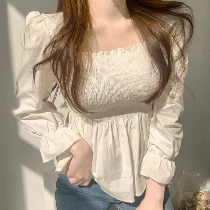 Elegant Long Sleeve Pleated White Women Blouse Office Lady Fashion Sweet Square Neck Shirt New Casual Elastic Slim Tops 8023