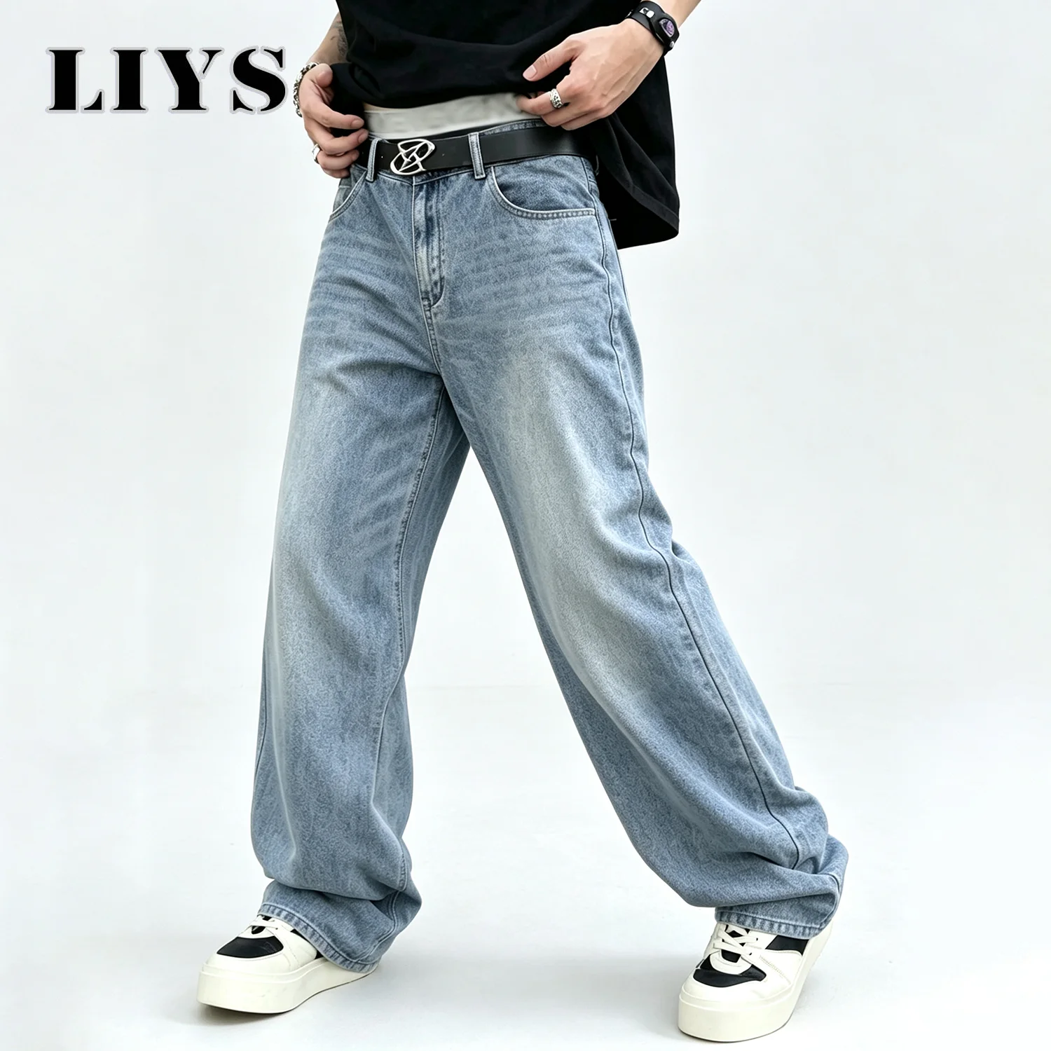 LIYS Autumn New Retro Wide-Leg Men's Straight Blue Jeans High Street With Stretch Loose Straight-Leg Fashion Denim Pants