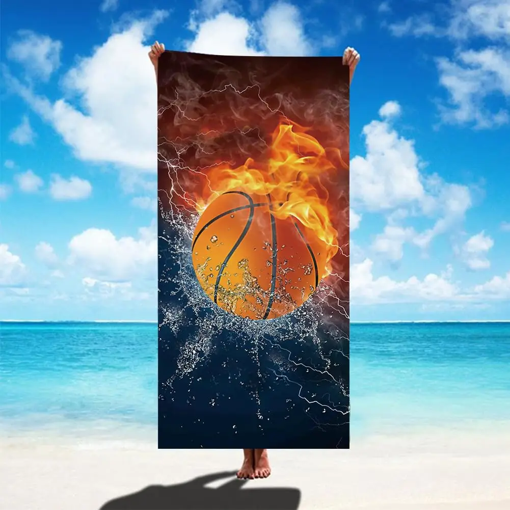 

1PC Basketball Print Beach Towel, Cool Fire Design Soft Microfiber, Quick Dry for Adults & Kids, Ideal for Pool Swim Travel Bath