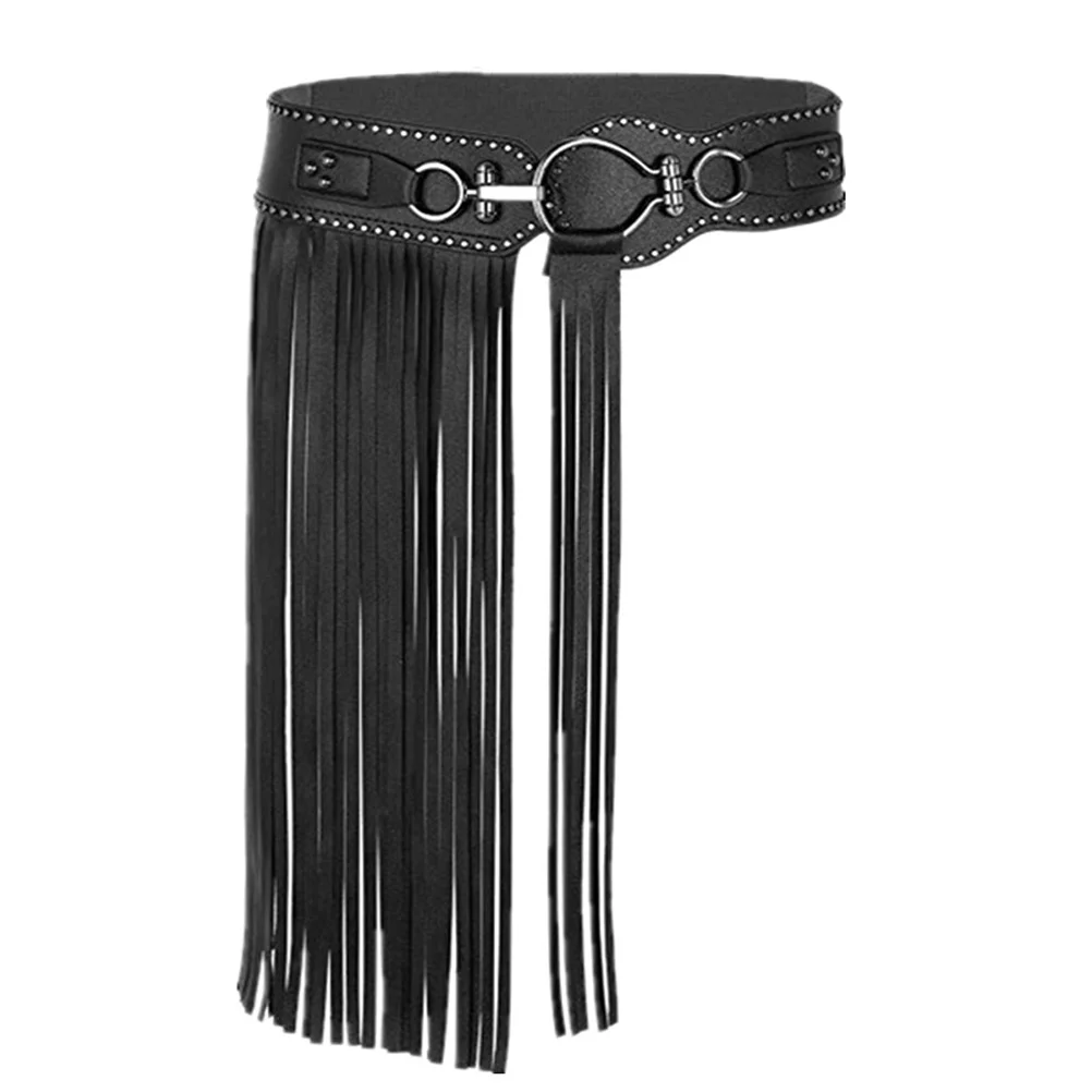 

1Pcs Punk Style Tassel Skirt Belt Black Size L 68-75cm Rivet Wide Belt Durable Skirt for Bar Cosplay Masquerade