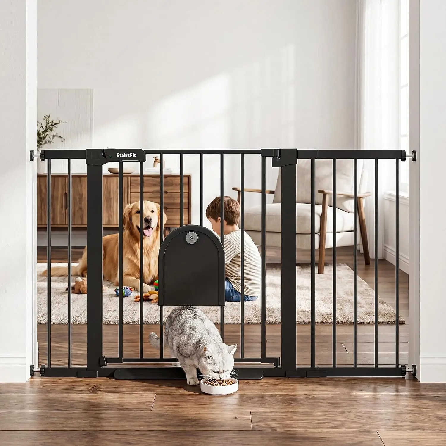 2952 Inch Extra Wide Baby Gate Cat Door Stairs Doorways No Drill Pressure Mount Auto Close Y Adapters Round Banisters One Hand L