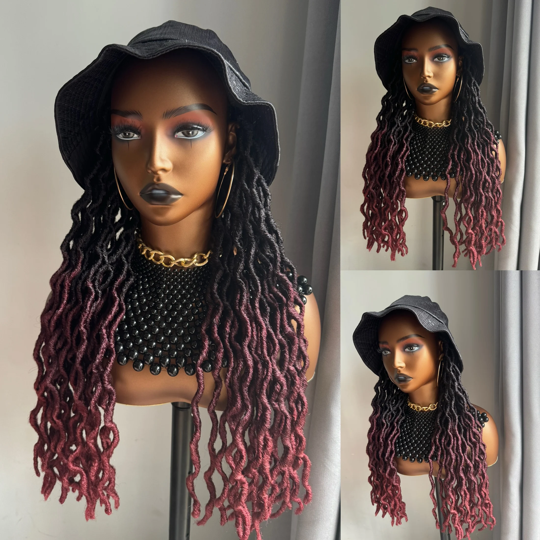 

Long Goddess Faux Locs Synthetic Ombre Black Burgundy Red Gypsy Braiding Extensions Hair Braids With Bucket Hat Wig For Women