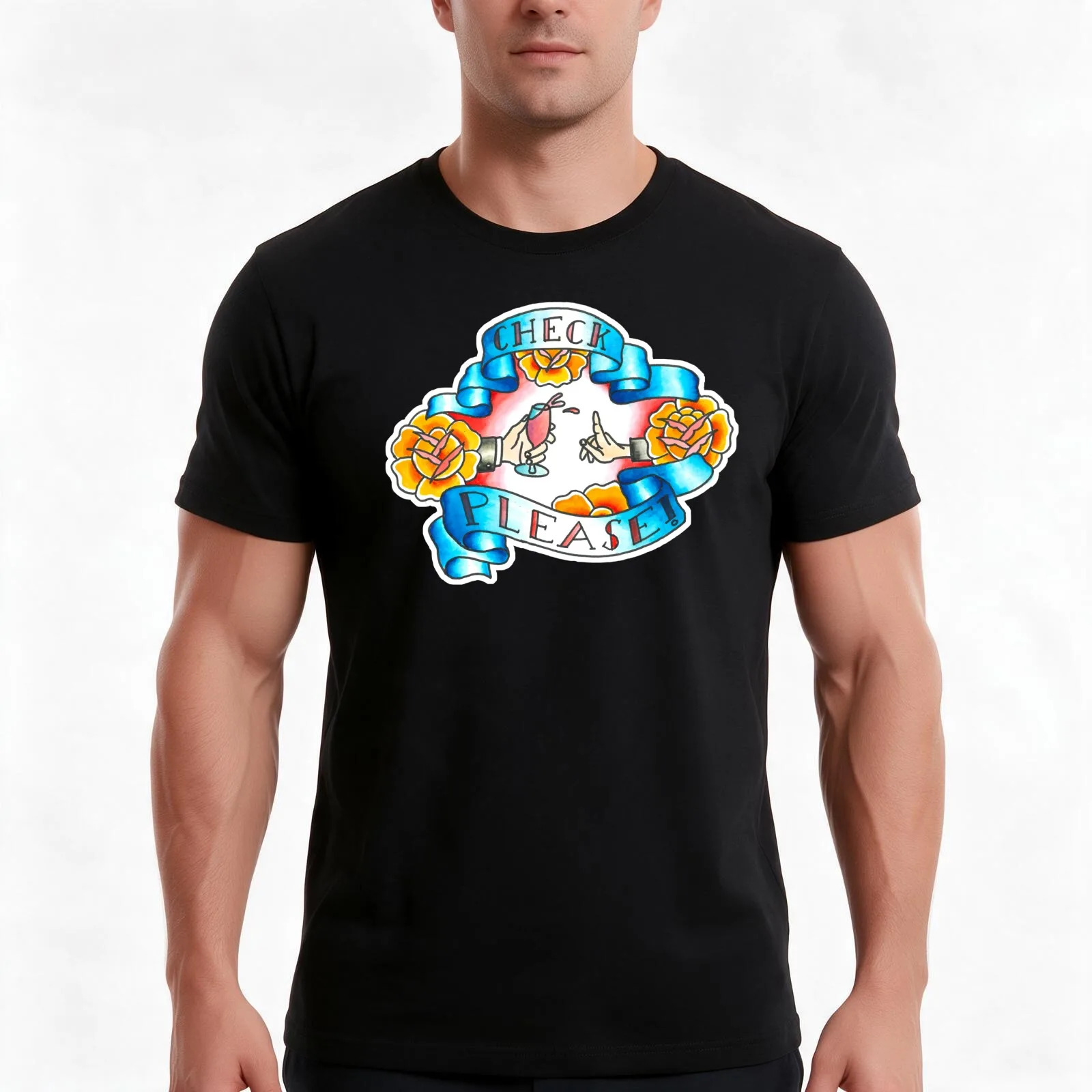 check please last podcast tattoo art T-Shirt, Summer Casual Cotton Tee, Oversized Streetwear Tops, Vintage Graphic Print