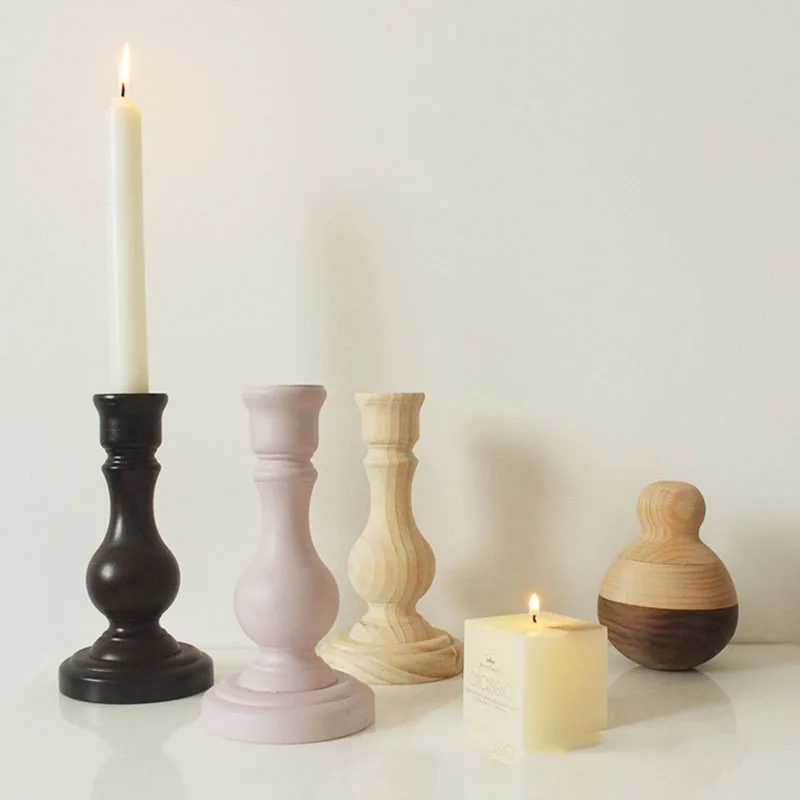 

Solid Wood Candlestick Decorations Pink Blue White Minimalist Wax Atmosphere Enhance Home Dining Table Bedroom Party Decoration