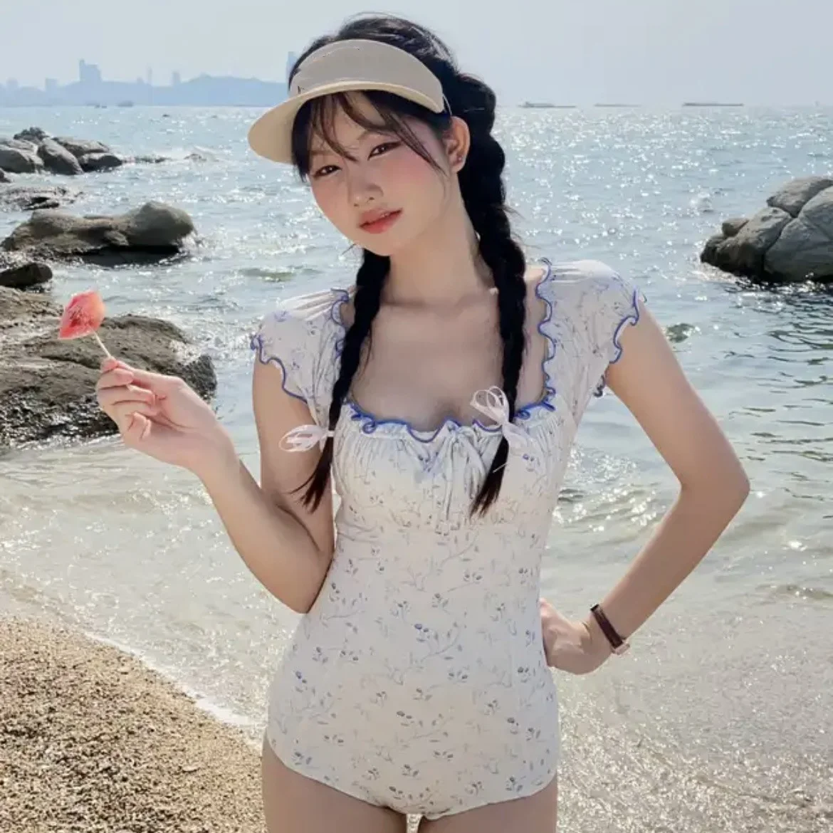 Sexy One Piece Frill Swimsuit Women Heart Print Bathing Suit Swimwear Monokini Bandeau Bathing Suit Korean Padded Beach Wear