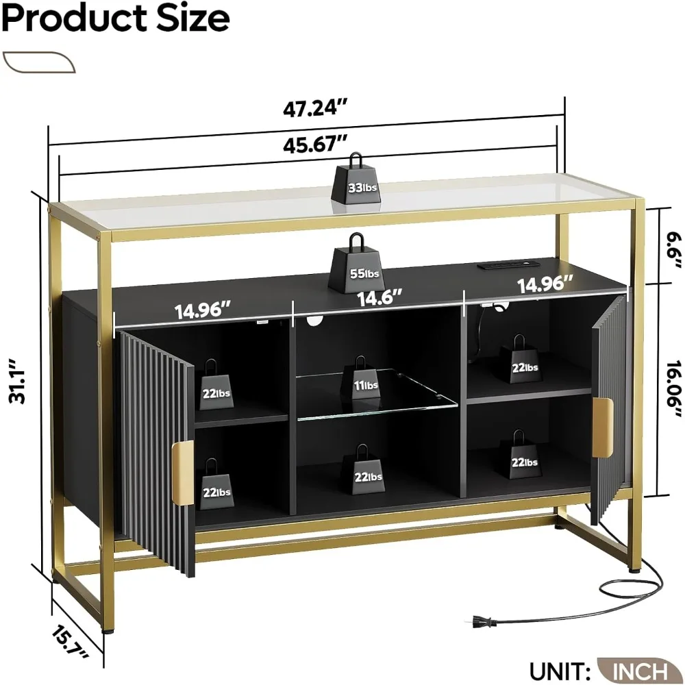 ตู้บาร์กาแฟ Bestier พร้อมเต้ารับไฟฟ้า, ตู้ไซด์บอร์ดบุฟเฟ่ต์ 47 ซม. พร้อมที่เก็บของ, ชั้นวางกระจก และไฟ LED, ตู้บาร์ลายร่อง