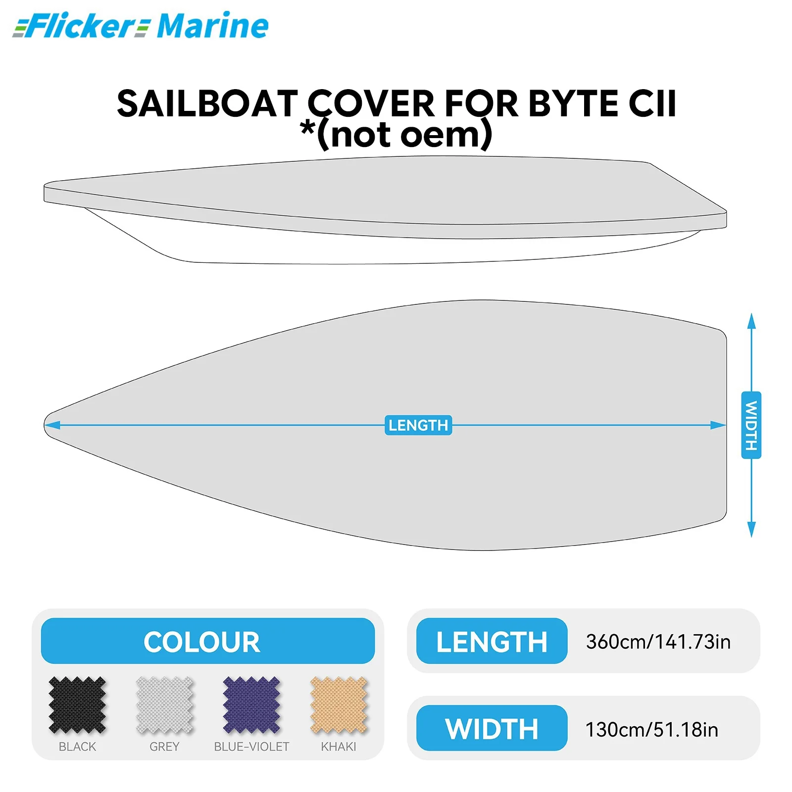 Flicker Boat Cover Compatible with BYTE CII, Khaki Polyester Water-Resistant Sun Protection Cover, Outdoor Storage, 360×130cm