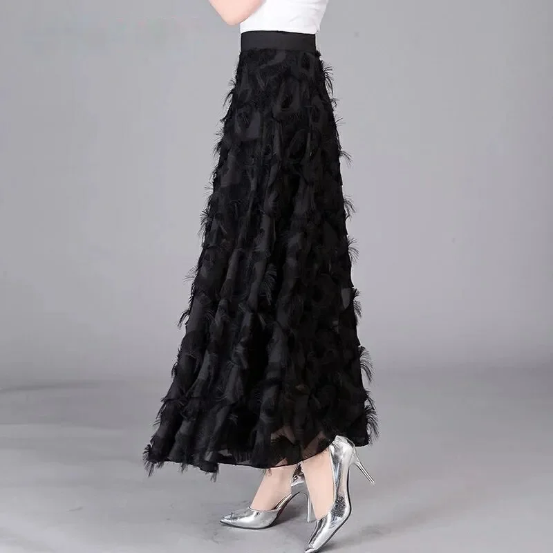2025 Feminine Feather Tassel Long Skirts Summer Women New Solid Color Maxi Skirt French Ladies Fashion High Waist A-line Skirt