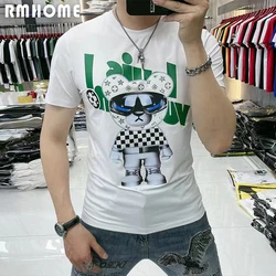 Summer T-shirt Men's Slim Bear Print Hot Diamond Mercerized Cotton Casual RMHOME Trend Tees O-neck Half Sleeve Male Top Clothes