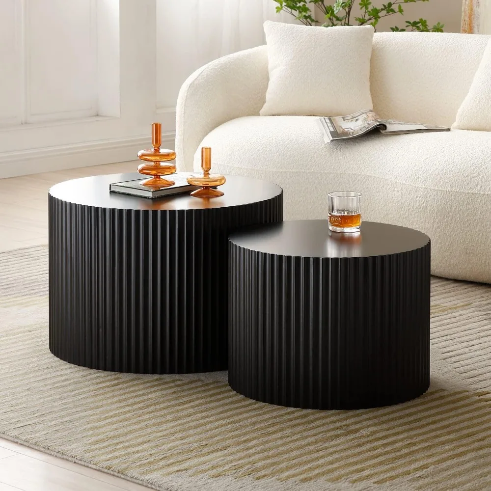 Modern Black Round Nesting Coffee Table Set of 2 for Living Room, Contemporary Wood Circle Side Tables