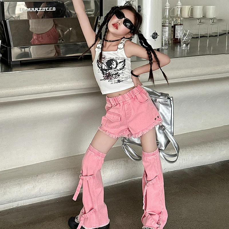 summer girls hip hop t-shirt streetwear children jazz dance costume vest metal cartoon print crop tops kids clothes 6 to 16 yrs