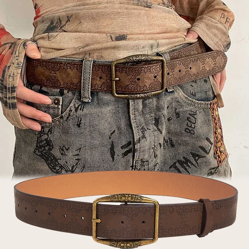 Ins Style Clothing Accessories Retro PU Lether Belts for Women Luxury Designer Brand Waistband Boho Pattern Print Brown Belt