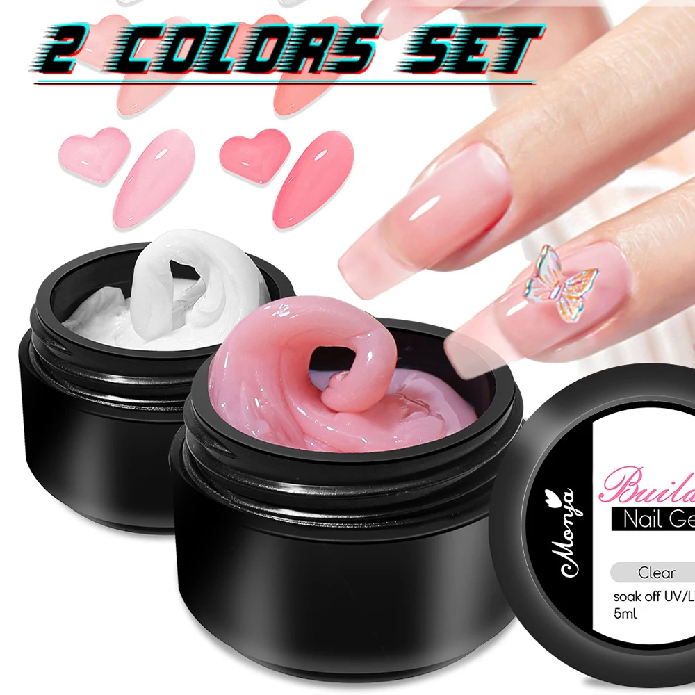 เซ็ต2ขวดเจลต่อเล็บโพลีสีชมพู/ขาวไม่ติดเจลสร้างเล็บแข็งสำหรับทำเล็บแบบทำมือยาทาเล็บเคลือบเงาแกะสลักดอกไม้