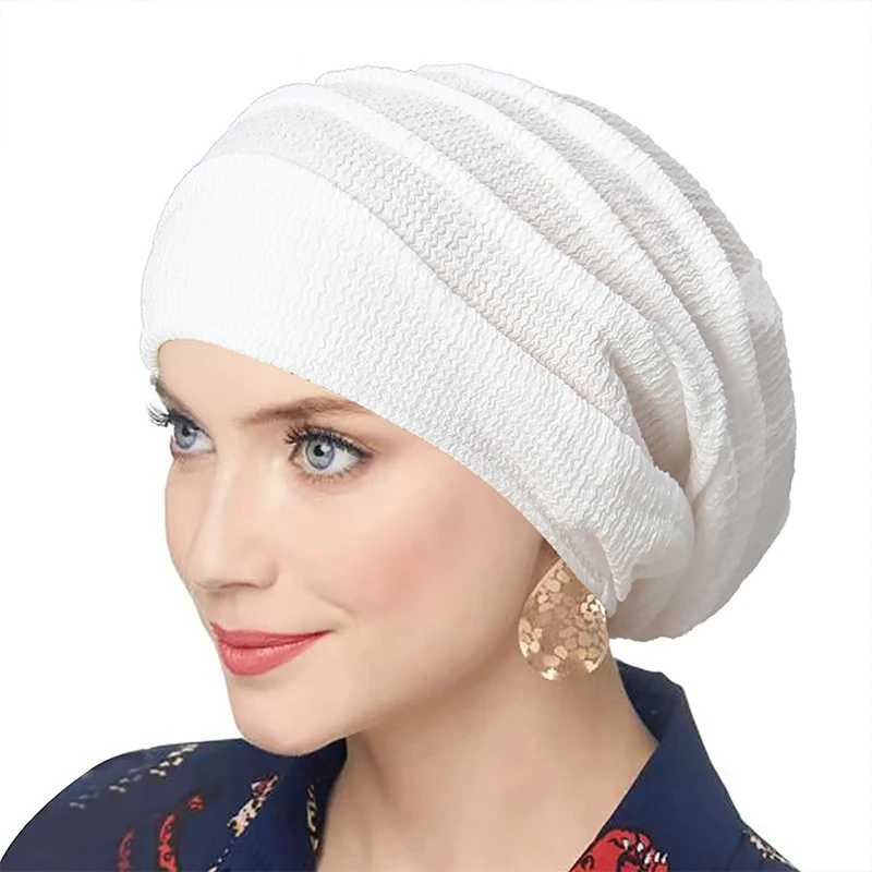 Trendy Versatile Crinkle Women's Solid Color Hijab Turban Elastic Indian Islamic Bonnet Head Wrap Scarf Chemotherapy Care Cap