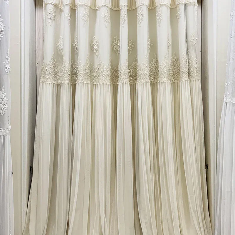 

Korean Style Curtain Embroidered Pearl Lace Double Curtains For Bedroom Girl Room Beige Window Drapes For Wedding Room Decom