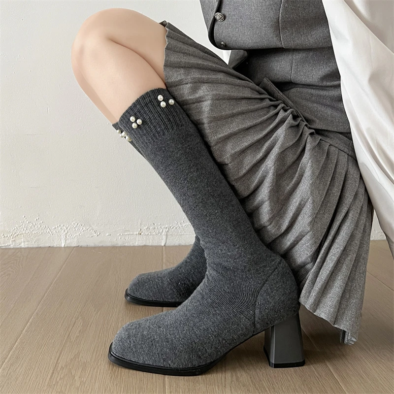 

Fashion Versatile Square Toe High Heel Long Tube Boots for Women 2025 Autumn New Elegant Comfortable Casual Non Slip Socks Boots