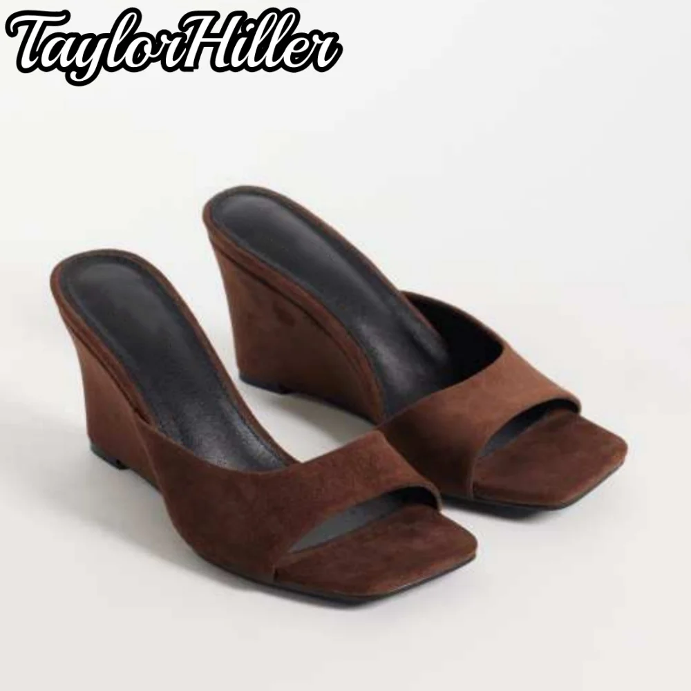 Women Square Toe Patent Leather Wedges Slide Mules Backless Slip‑On Wedge Heel Sandals Ladies Summer Daily Beach Outer Shoes New
