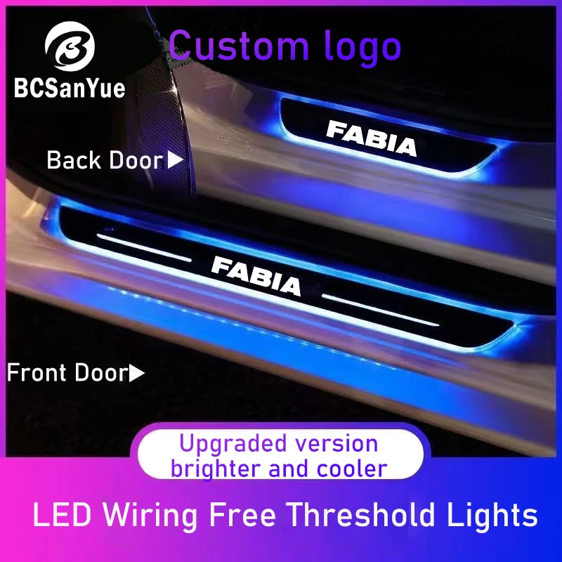 Car LED RGB Door Sill Strip Light for Skoda Fabia Distance Sense Switch Welcome Pedal Atmosphere Styling Accessory Custom Logo