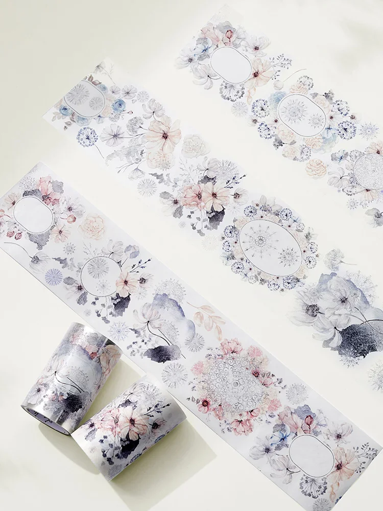 Azul e branco flor de óleo especial Washi Tape, PET cristal tinta fita adesiva, inverno rolo nevado Scrapbooking