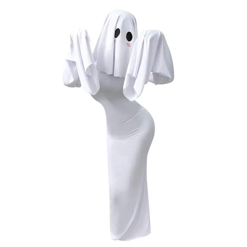 

SENMHS Ghost Bride Cosplay Costume Elegant Sheer Lace Bridal Dress with Mask Back Lace-Up Sexy Slim Fit Women Outfit Halloween