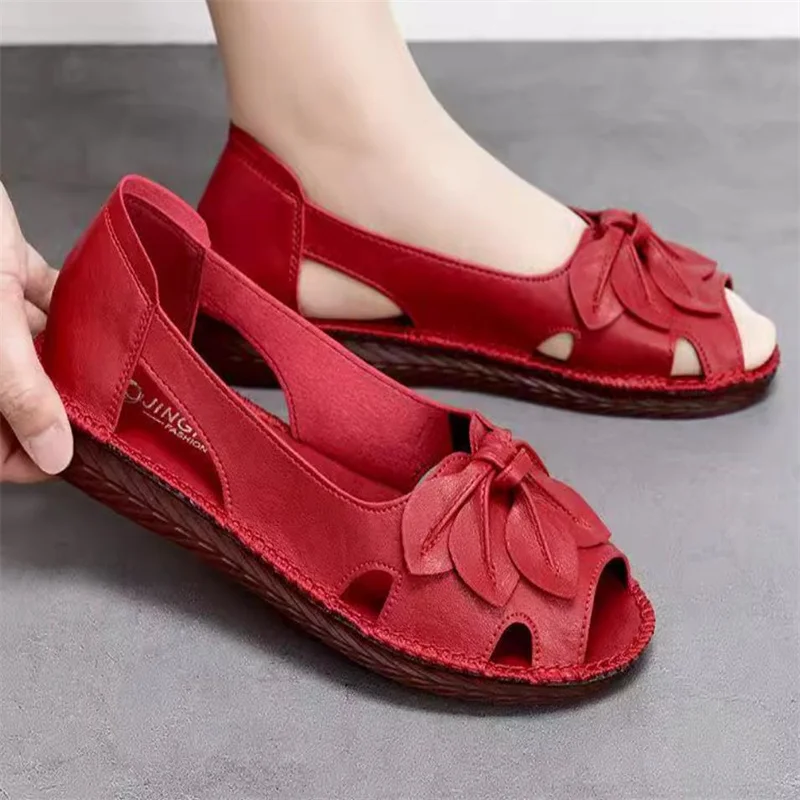 Women\'s Sandals Summer Fashion Genuine Leather Wedges Comfort Ladies Shoes Women Flats Soft Plus Size Sandals Mother Shoes 35 43