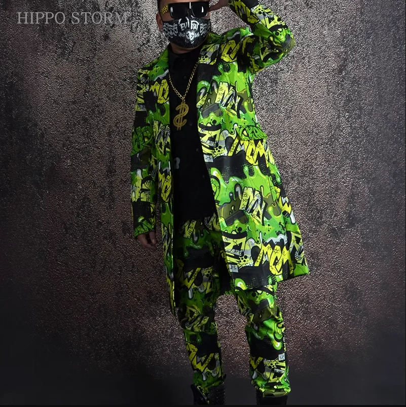 Green Graffiti Printed Hip Hop Long Suit Coat Pants Outfits Male Singer Bar Nightclub Hairdresser Party Club Dance Stage Set