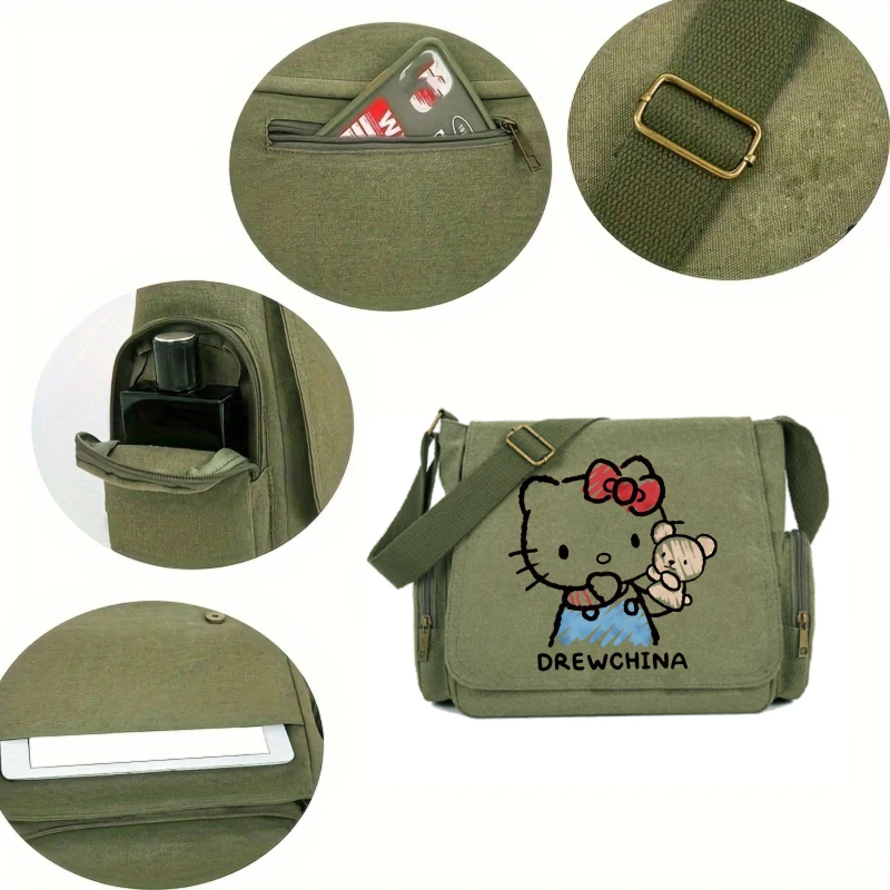Torba damska z nadrukiem Hello Kitty, wielokieszeniowa, z motywem kreskówkowym, torba na ramię dla kobiet, torba typu book bag z klapką, regulowany pasek.