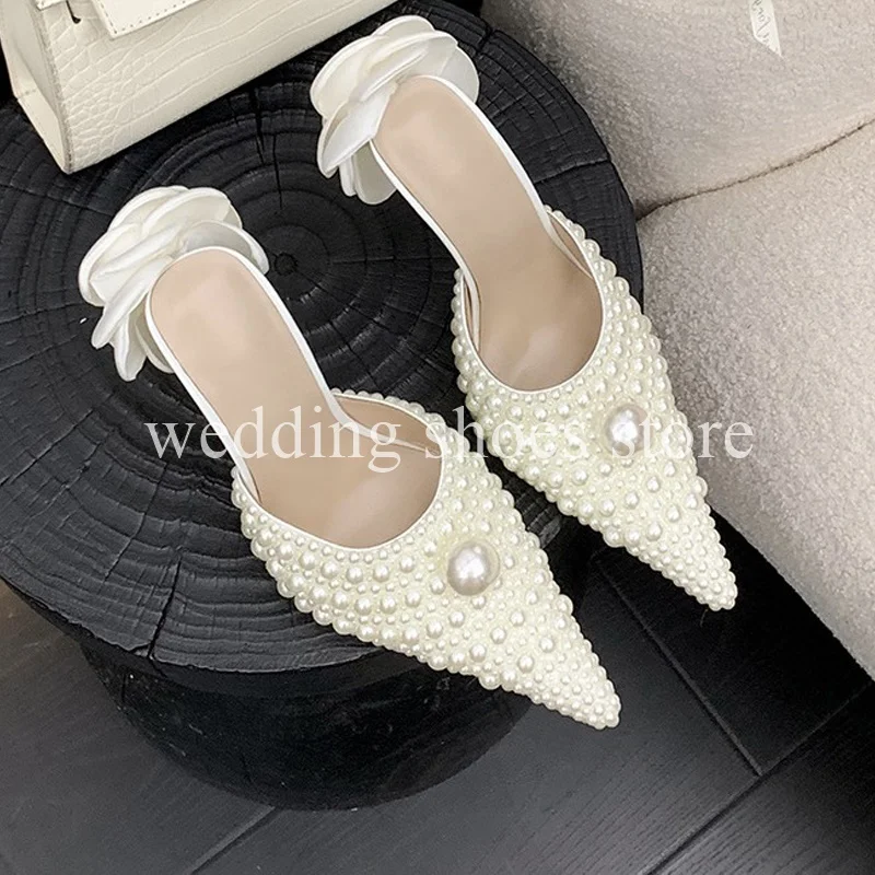 Pointy Flower High Heels for Women Ins Thin heels Pearl Sandals Women High Heels Shallow Mouth Luxury New Women Wedding Pumps