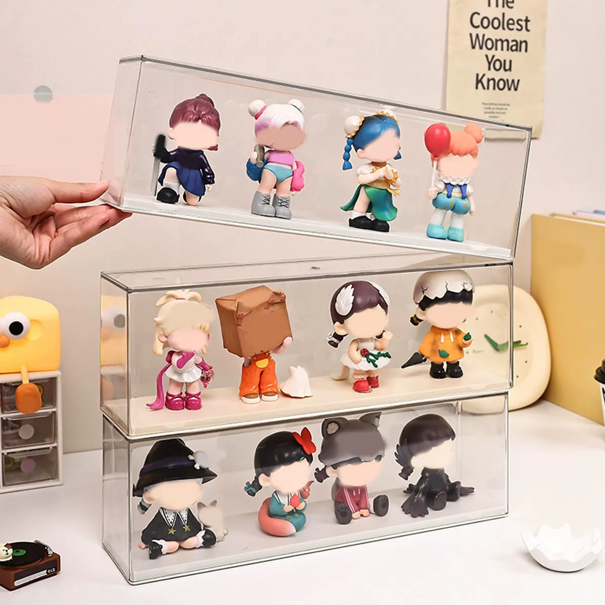 Transparent doll display cabinet, dust-proof storage box for collectibles, doll and doll display rack, stackable storage box