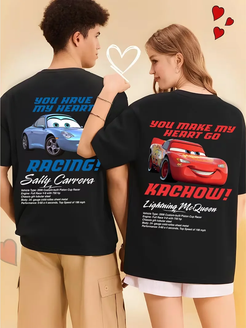 

Summer Men's Women's Short Sleeve Lightning McQueen Sally Kawaii Couple T-shirt Family Matching Boyfriend Girlfriend Gift