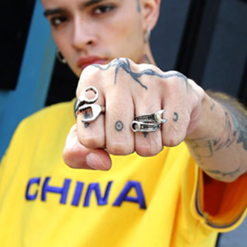 Retro Wrench Spanner Ring For Men Silver Color Punk Gothic Open Ring Handmade Designer Jewelry Biker Accessories Creative Gift