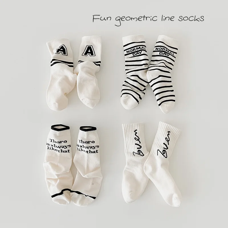 4 Pairs Boys Socks Spring Trendy Pattern Cotton Socks Children's Socks Kids Medium Tube Socks