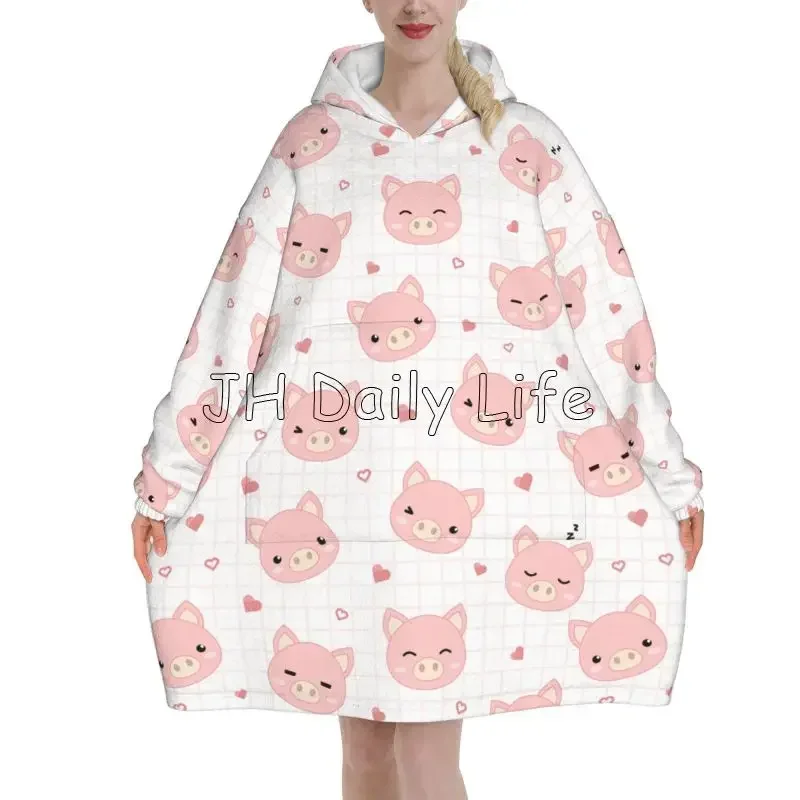 Cartoon Pigs Wearable Flannel Blanket Hoodie Oversized Hooded Blanket Pullover Sweatshirt Fleece Sherpa Blankets with Pockets