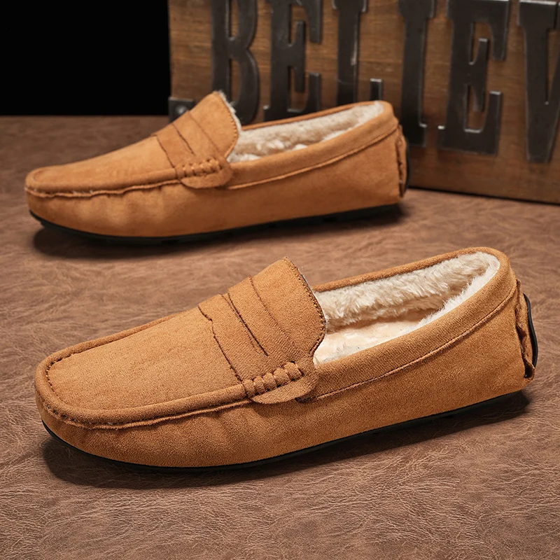 Winter Men Loafers Soft Suede Plush Warm Mens Casual Shoes Moccasins Slip on Flats Man Business Shoes Fashion Male Driving Shoes