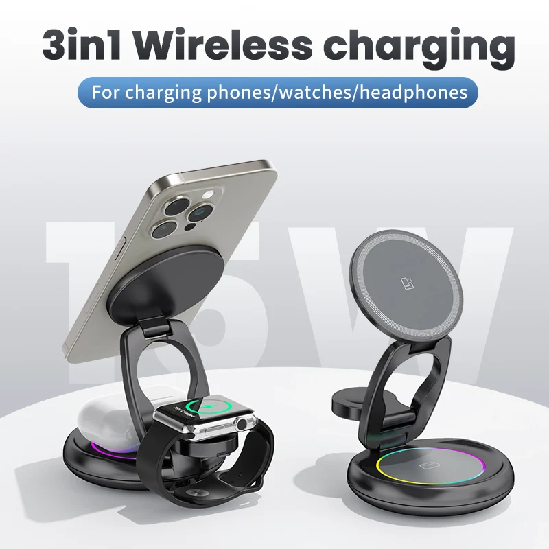 

15W Wireless Charger 3 in 1 Foldable Magnetic Wireless Charging Station for iPhone 15/14/13/12 Pro Max Apple Watch 8/9