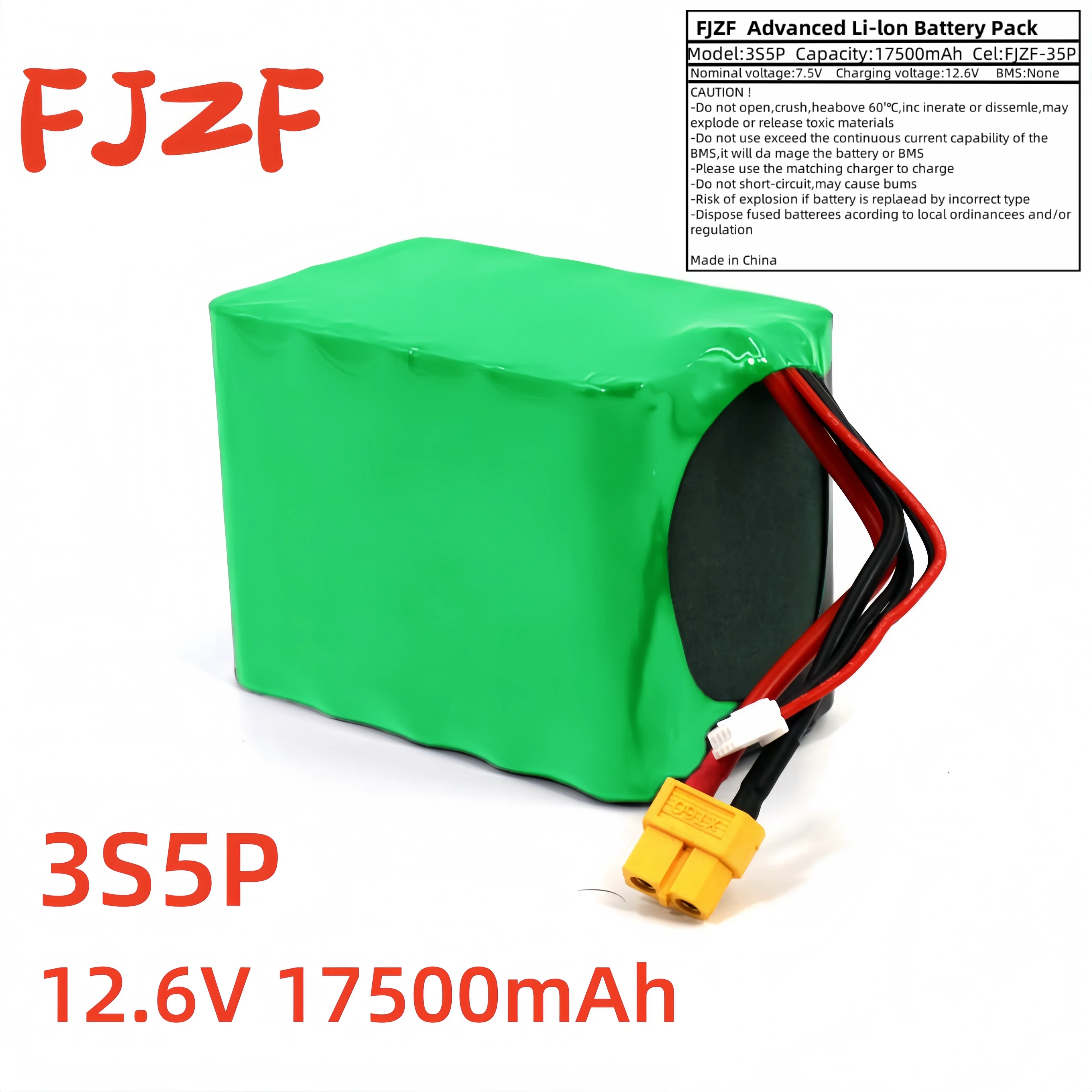 Литий-ионный аккумулятор FJZF 17,5 Ач, 18 Ач, 12 В, высокая емкость, 17500 мАч, 3S5P, 12,6 В для БПЛА, радиоуправляемых самолетов, квадрокоптеров - разъем XH2.54-4P XT60