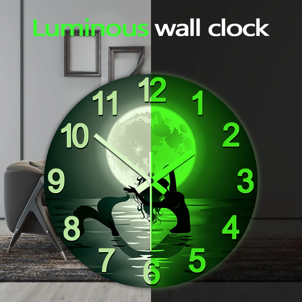 Mermaid Full Moon Wall Clock Glow in Dark For Girls Bedroom Moonlight Sea Fantasy Ocean Art Home Decor Night Visible Wall Clock
