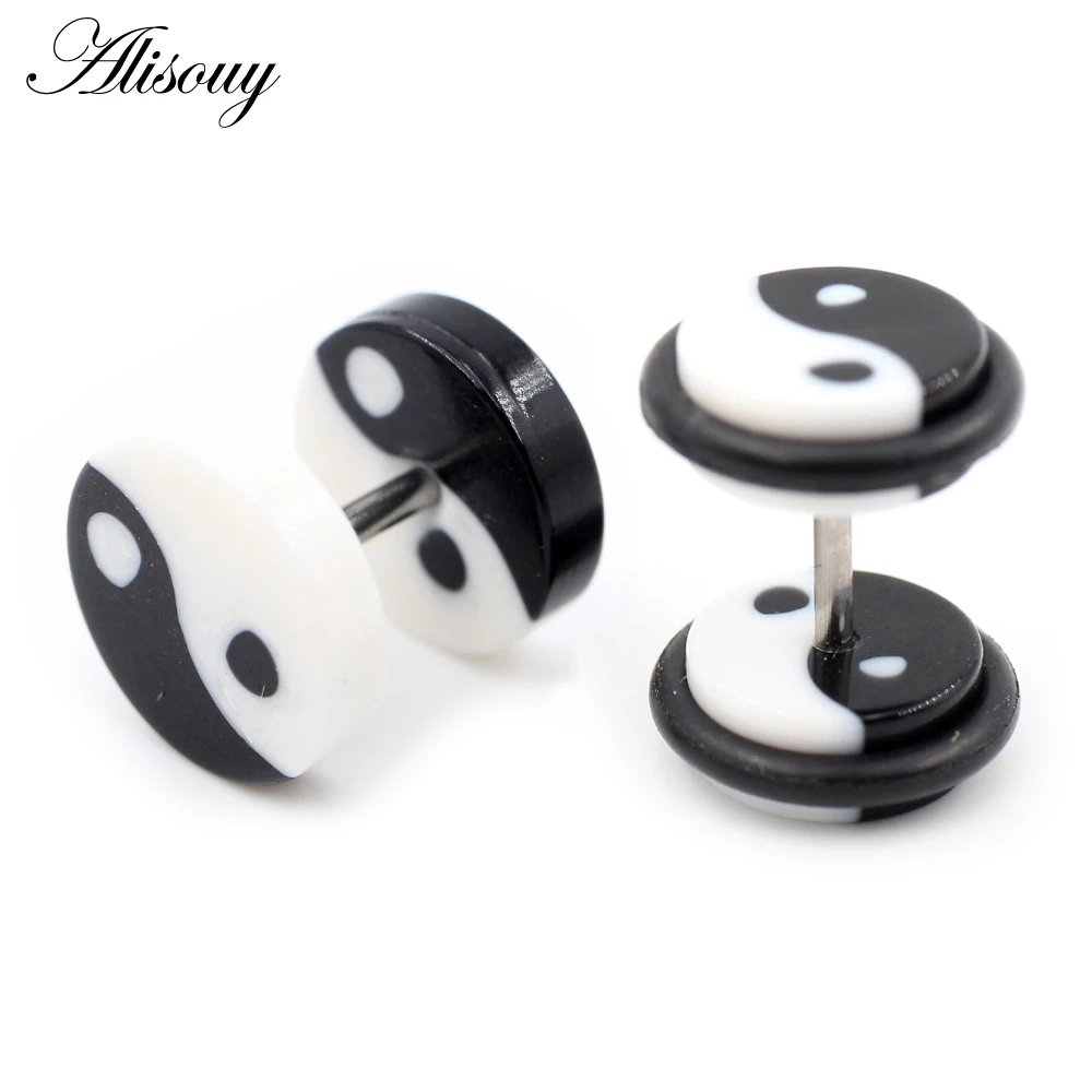 Alisouy 2pcs 8/10mm Bagua Tai Chi Diagram Acrylic Unisex Men Women Barbell Round Ear Stud Earrings Tragus Helix Piercing Jewelry