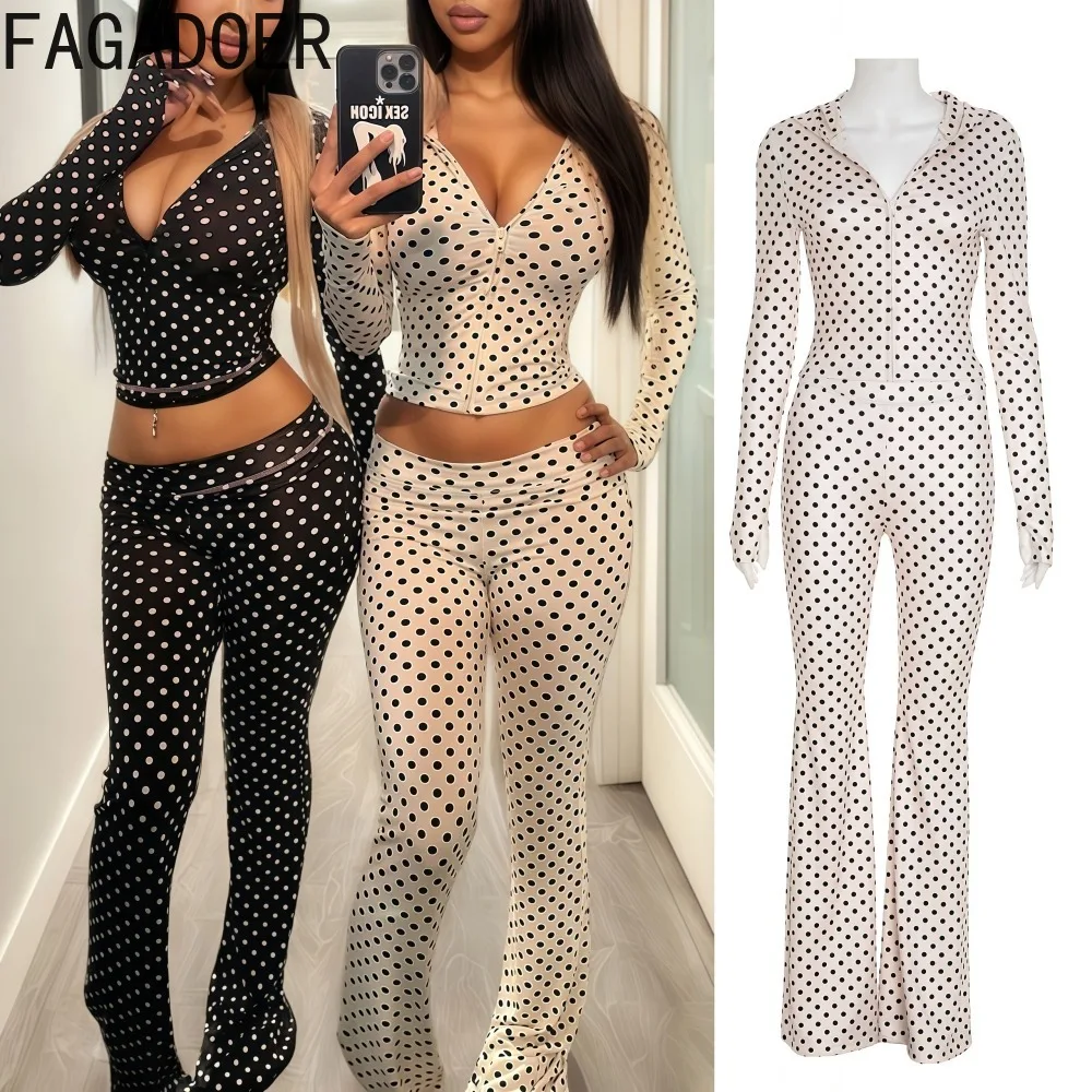 

FAGADOER Retro Fashion Polka Dot Print 2Piece Set Women Long Sleeves Hooded Zip Jacket + Pants Matching Female Streetwear New
