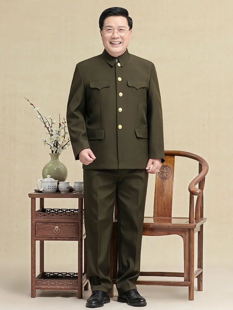 Army Green Zhongshan Suit Men Set Coat + Pants Middle Age Classic Military Clothing Spring Autumn Winter Veteran Cadre Garment