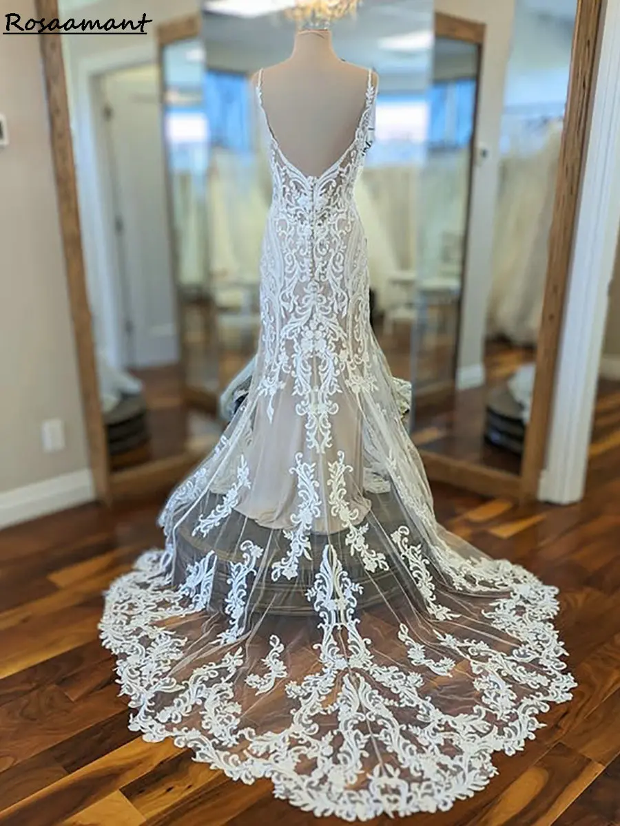 Новейшие свадебные платья русалки на бретельках с открытой спиной и аппликациями без рукавов, кружевные свадебные платья в стиле кантри