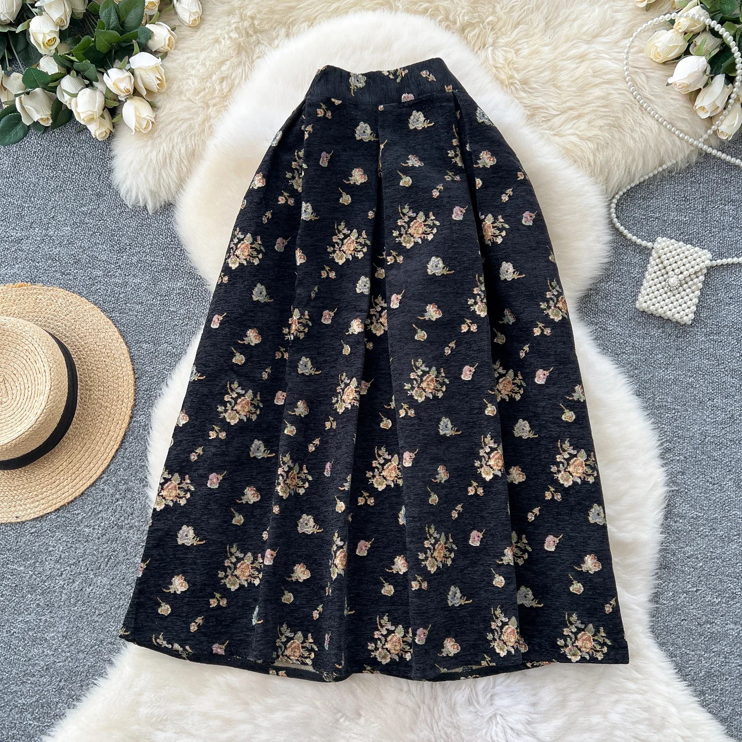 Vintage Jacquard High Waist Chic Pleated Basics A-line Long Skirt Elegant French Streetwear High Street Autumn Winter Clothing