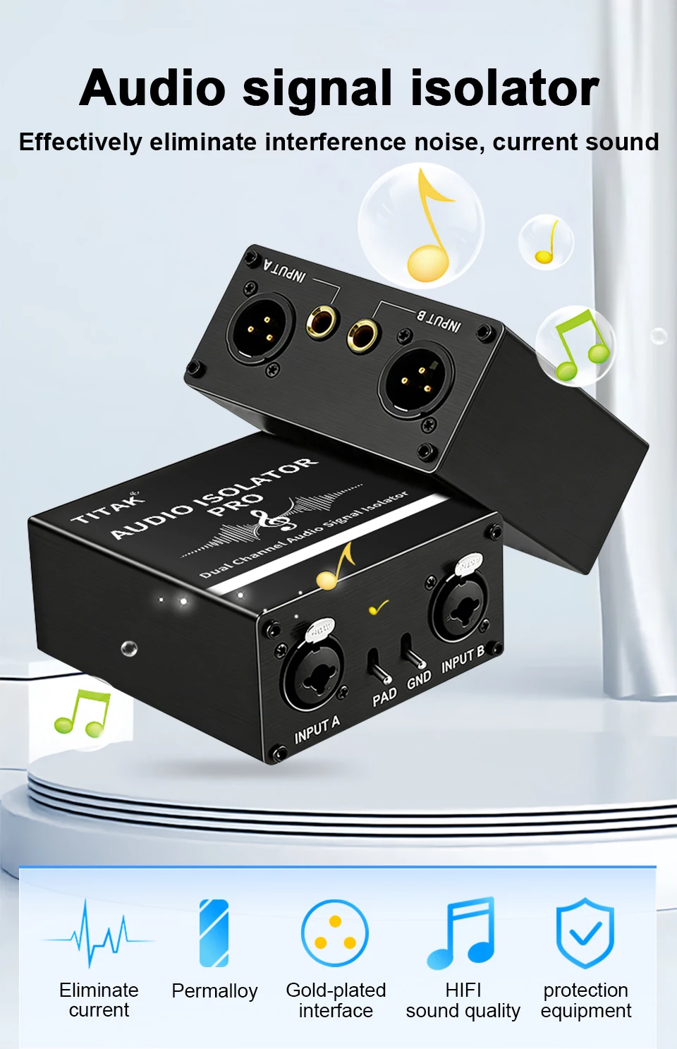 2-Kanal-Symmetrischer Audio-Signalisolator zur Unterdrückung von Brummen und Rauschen, XLR 6.35 Audio-Rauschunterdrücker für Konferenzen, Studios und Live-Shows – Detail 1
