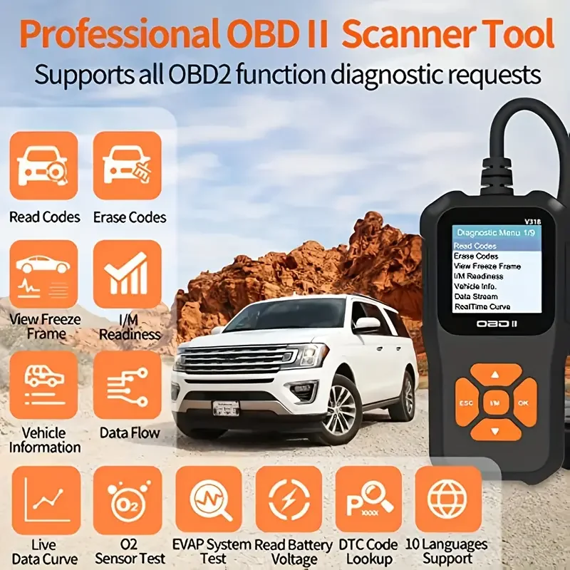 V318 Automotive Diagnostic Tool Automobile Battery Tester OBD2 Scanner Clear or Remove Error Codes Support Multiple Languages 