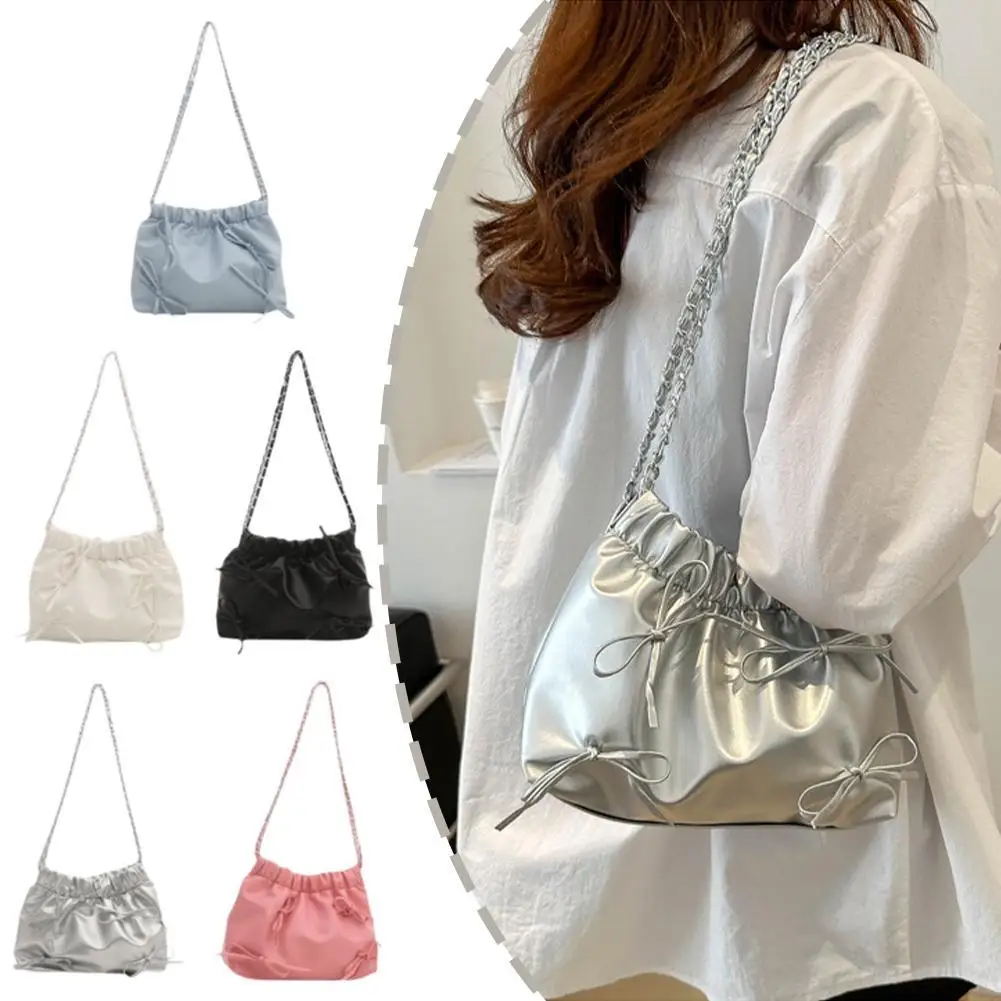 1PC Cute Small Bow Tie Design Crossbody Bags For Women 2024 New Silver Handbags PU Leather Shoulder Bag Bucket Purses