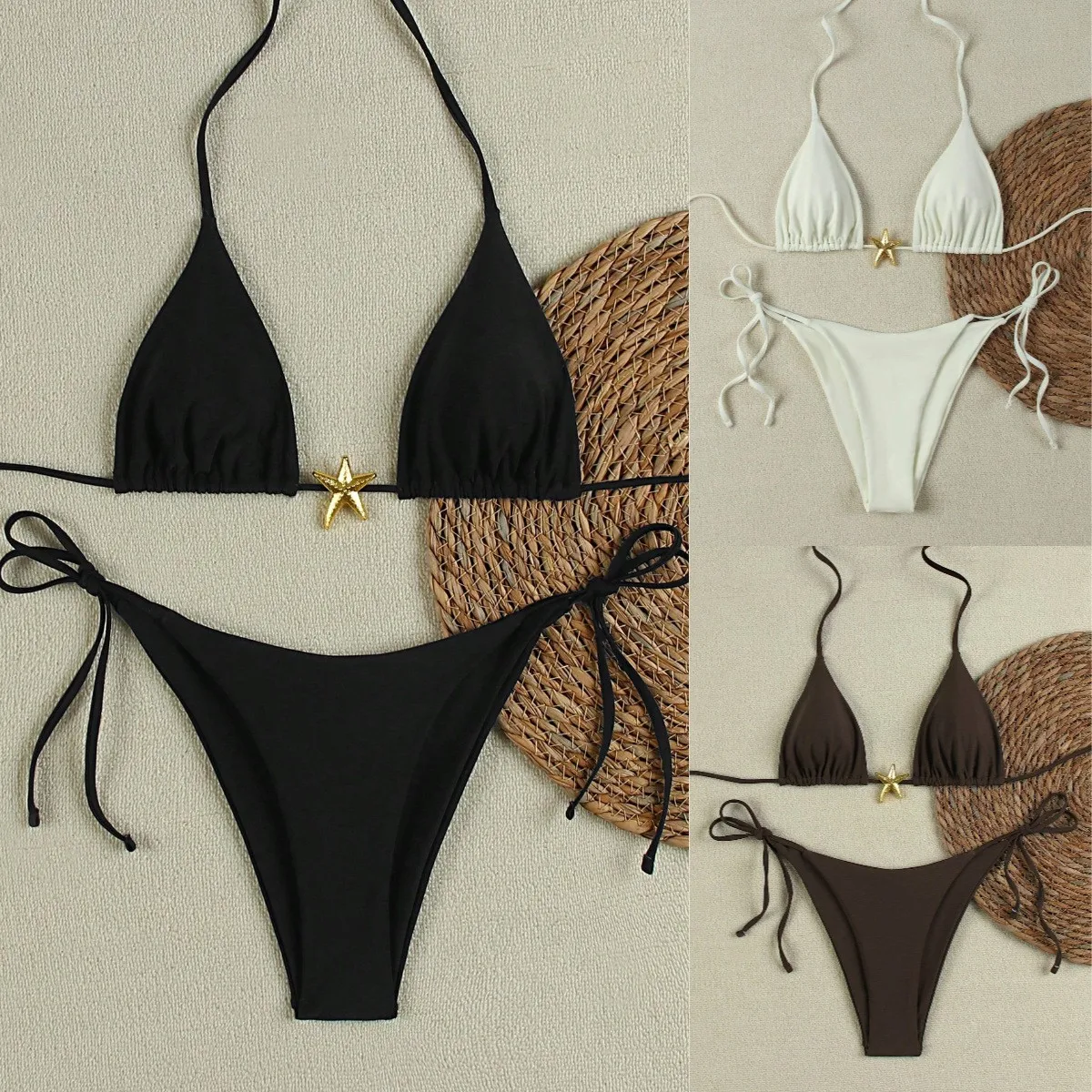 

Women's 2026 Bikini Triangle Top Halter Neck Bikinis Black Thong Bottom Tie Side Swimwear White Solid Color Two Piece Swimsuit
